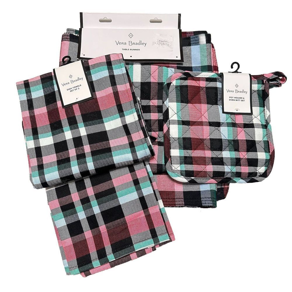 🎀 Vera Bradley Table Runner, Pot Holders & Dishtowel Gift Set Ribbons Plaid NWT